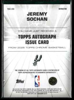 Jeremy Sochan #TAU-JSO 2025-26 Topps Chrome Basketball Topps Autograph Issue